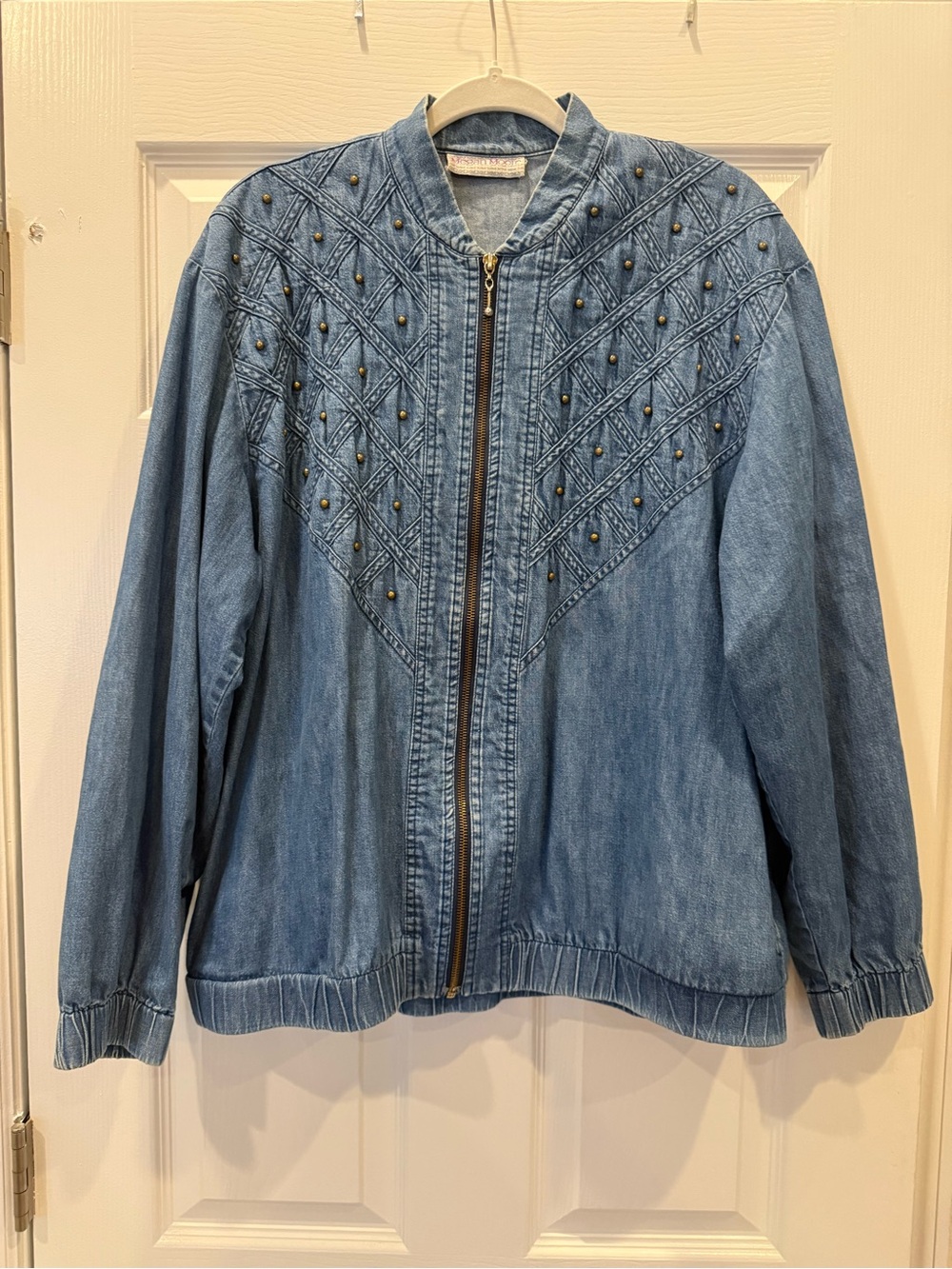 Vintage Megan Moore Light Wash Denim Zip-Up Jacket with Embellished Yoke